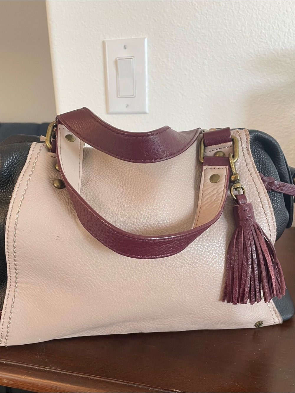Elliott Luca Leather Tote Handbag in beige & black with Burgundy.